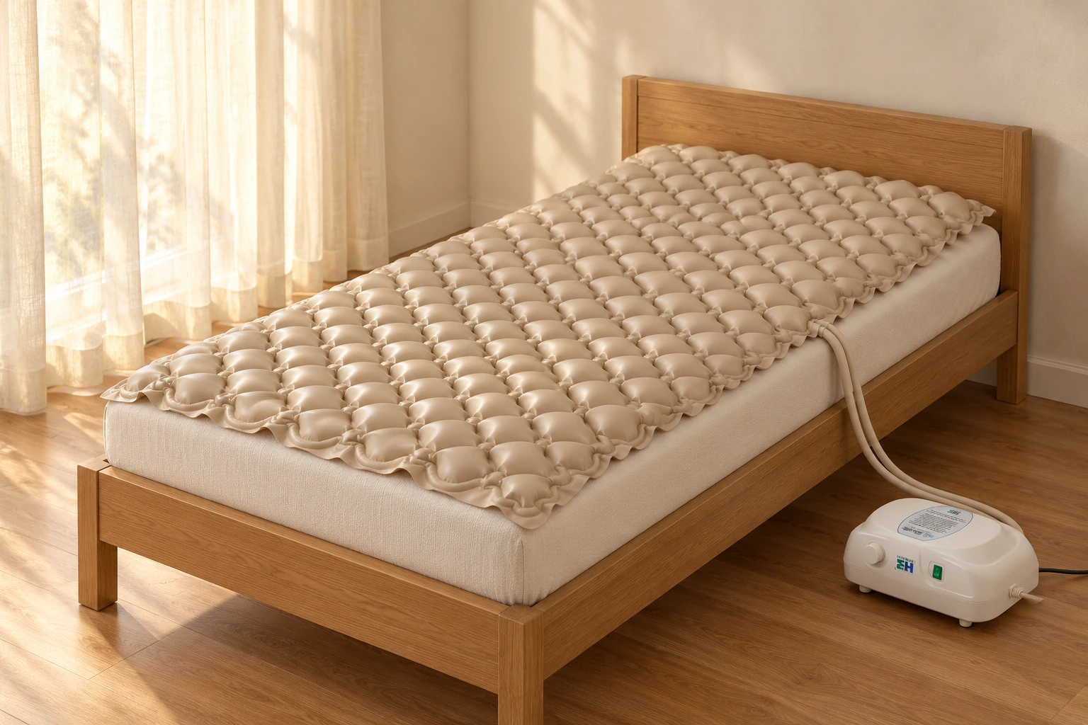 AirQuilt mattress and pump arranged in a comfortable home bedroom
